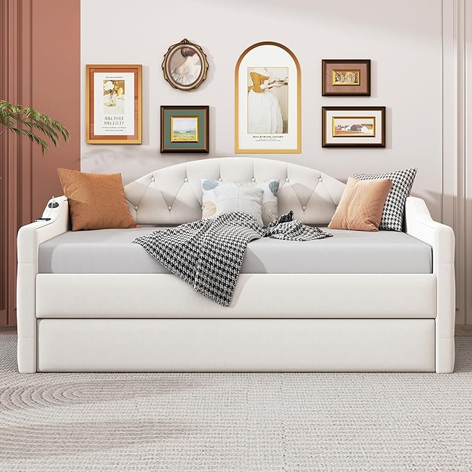 Twin Size Velvet Tufted Upholstered Daybed with Trundle, Modern Solid Wood Sofa Bed w/USB & Type-C Charging Ports, for Bedroom Living Room, No Box-spring Needed, Beige - LeafyLoom