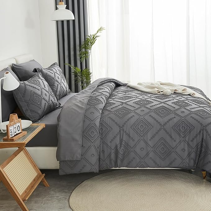 EMME Twin Comforter Set - 5 Pcs Dark Grey Boho Bedding Sets, Twin Size Tufted Comforter with Sheets, Shabby Chic Embroidery Bed Set Fluffy Bed Bag for All Season(68"X90") - LeafyLoom