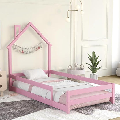 Bellemave Twin Size House-Shaped Headboard Floor Bed with Fences, Wooden Montessori Bed for Kids,House Bed Twin Frame for Girls,Boys (Pink) - LeafyLoom