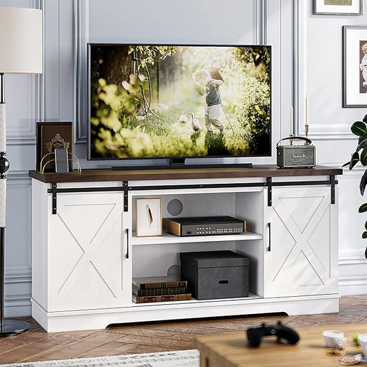 IDEALHOUSE Farmhouse TV Stand for 65 Inch TV Entertainment Center TV Media Console Table, Barn Door TV Stand with Storage and Shelves, Tall Modern TV Console Table Furniture for Living Room (White) - LeafyLoom