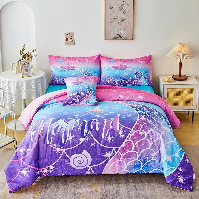 URBONUR Full Size Comforter Set for Girls Purple Blue Mermaid Tail Fish Scales Girls Bedding Set 6 Pcs Bed Sets with Comforter and Sheet Set, Soft All Season Bed in a Bag - LeafyLoom