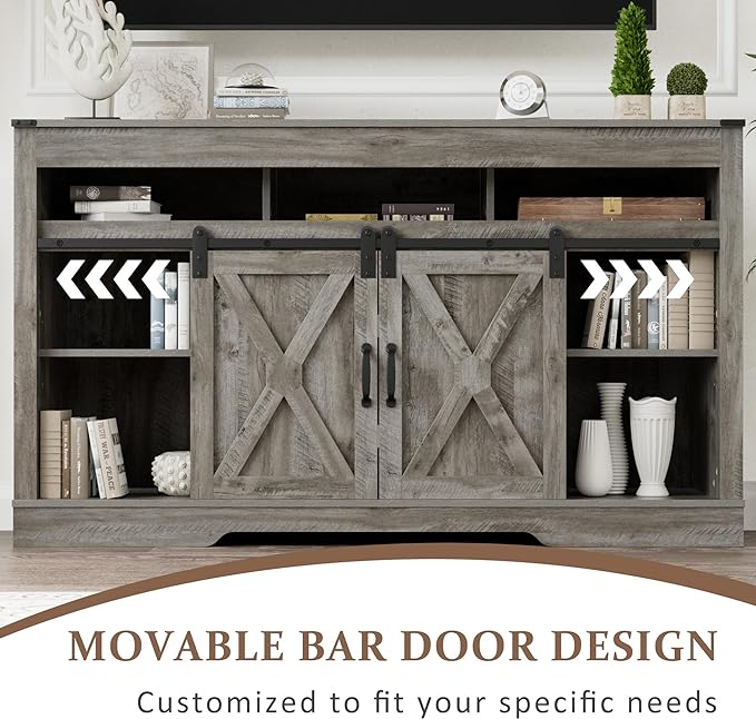 Farmhouse Stand for TVs up to 65+ Inch Tall Entertainment Center with Sliding Barn Door, Console Storage Cabinet for Bedroom, Living Room, Light Grey - LeafyLoom