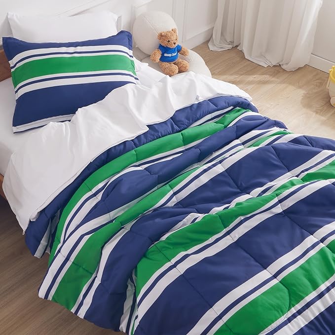 SLEEP ZONE Kids Rugby Bedding Comforter Set Full/Queen Size - Super Cute & Soft Kids Bedding 7 Pieces Set with Comforter, Sheet, Pillowcase & Sham (Rugby Stripe Navy/Green) - LeafyLoom