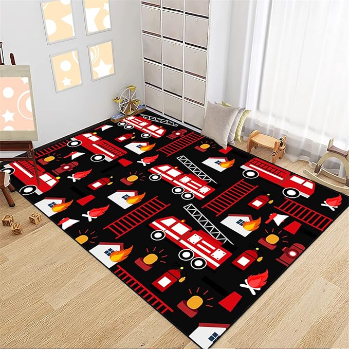 Car Play Rug Fire Fighting Truck Area Rug Car Rug Play Mat Kids Rugs for Playroomcar Rug for Boys Room Carpet Floor Mat for Bedroom Living Room,Black 5'×7' - LeafyLoom