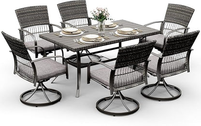 Pamapic 7 Piece Patio Dining Set for 6,Outdoor Wicker Furniture Set for Backyard Garden Deck Poolside with 6 Cushions Swivel Rocker Chairs,Iron Slats Table Top, Removable Cushions(Gray) - LeafyLoom