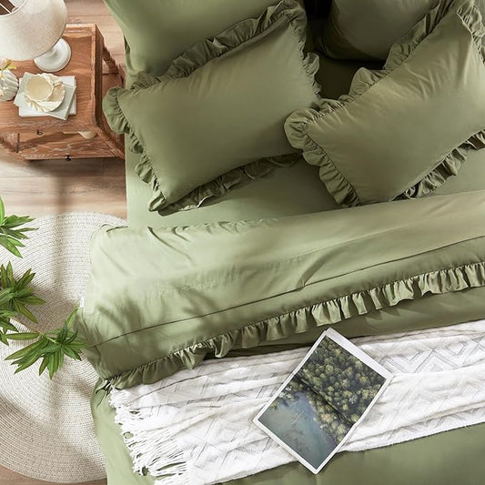 Anluoer Queen Comforter Set 7 Piece, Olive Green Bed in a Bag with Sheets, All Season Ruffle Shabby Chic Bedding Sets with 1 Comforter, 2 Pillow Shams, 2 Pillowcases, 1 Flat Sheet, 1 Fitted Sheet - LeafyLoom