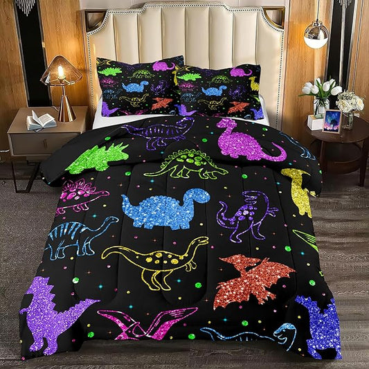 Cartoon Dinosaur Bedding Full Size, Kids Dinosaur Comforter Set for Boys Dinosaur Print Kids Bedding Set Soft Teens Boys Comforter Set Full Size (1 Comforter 2 Pillowcase) - LeafyLoom