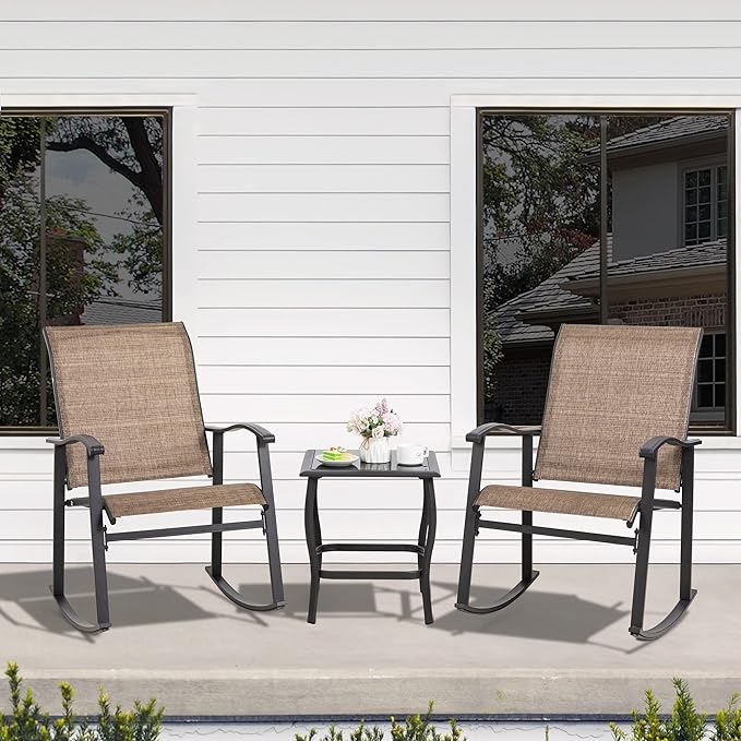 Shintenchi 3 Piece Rocking Bistro Set, Outdoor Furniture with Rocker Chairs and Glass coffee table set of 3, Balcony, Porch Furniture for Small Space, Brown - LeafyLoom