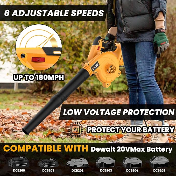 Cordless Leaf Blower for Dewalt 20V Max Battery, Jobsite Air Blower with Brushless Motor,6 Variable Speed Up to 180MPH,2-in-1 Handle Electric Blower and Vacuum Cleaner(Battery Not Included) - LeafyLoom