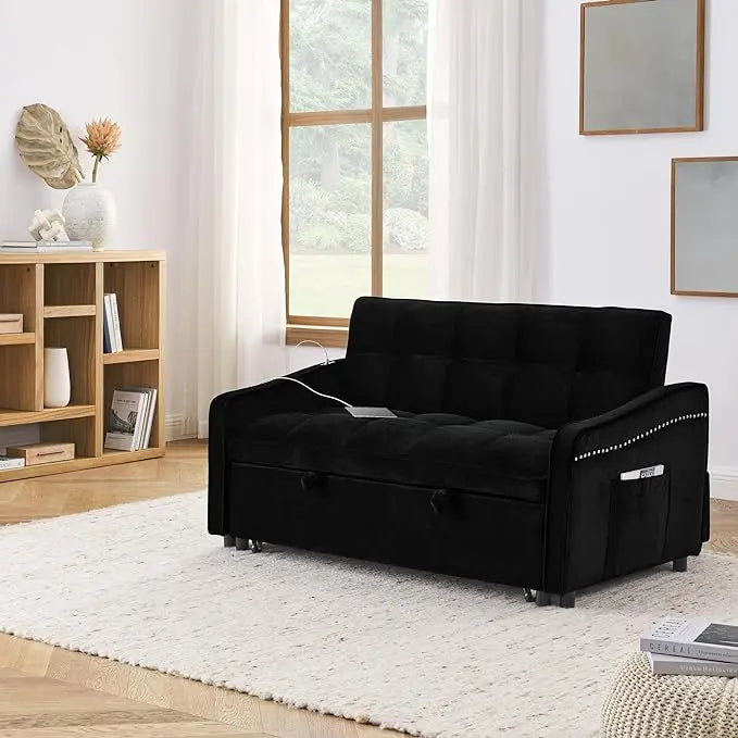 Tufted Convertible Futon Loveseat Pull Out Couch Bed 3 in 1 Velvet Upholstered Sleeper Sofa Recliner Love Seat Lounge Chaise Daybed with Adjustable Backrest Type C and USB Charging for Living Room - LeafyLoom