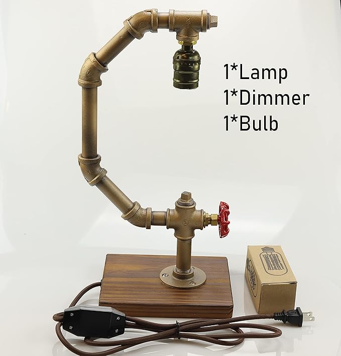 Steampunk Lamp with Dimmer, Dimmable Loft Style Industrial Vintage Antique Style Light with Bulb, Wood Base with Iron Piping Desk Lamp, Retro Desk Lamp LL-032 - LeafyLoom