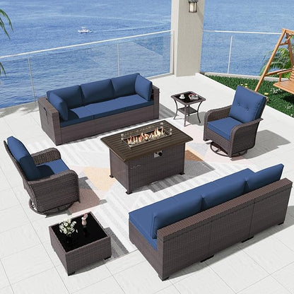 Patio Furniture Sectional Sofa Set 11PCS PE Rattan Swivel Rocking Chairs Patio Conversation Set w/43in Gas Fire Pit Table, Outdoor Furniture with 55000 BTU Propane Fire Pit, Navy Blue - LeafyLoom