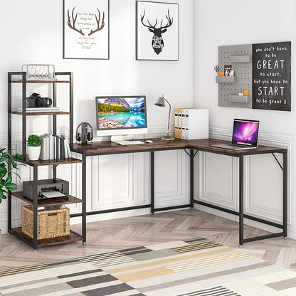 79 Inch Reversible L-Shaped Desk, Large Corner Computer Desk with 5 Tier Storage Shelves - LeafyLoom