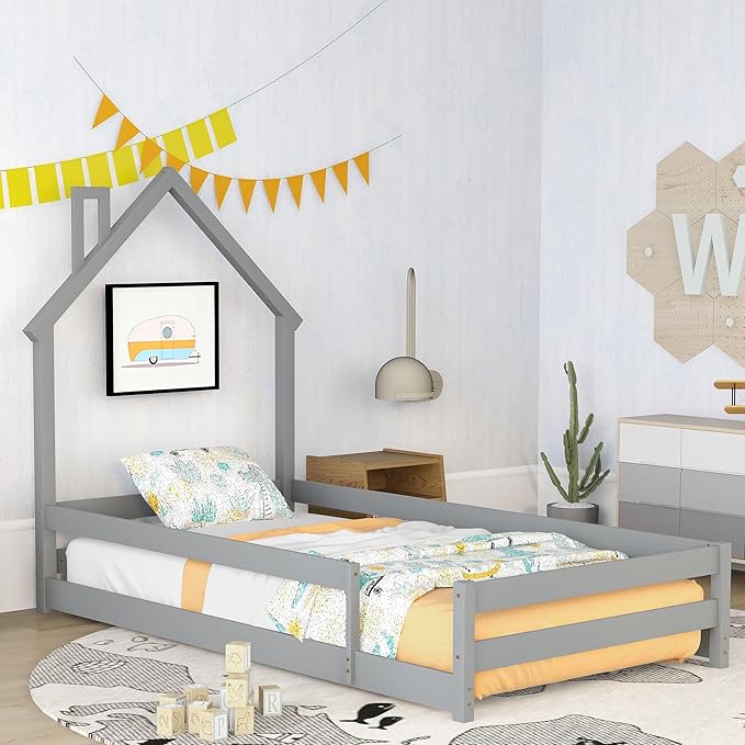 Bellemave Twin Size House-Shaped Headboard Floor Bed with Fences, Wooden Montessori Bed for Kids,House Bed Twin Frame for Girls,Boys (Gray) - LeafyLoom