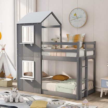 Twin Over Twin House Bed, Solid Wood Bunk Bed with Roof, Window, Guardrail and Ladder for Kids Teens Boys Girls, Ideal Bedroom Furniture, Gray - LeafyLoom