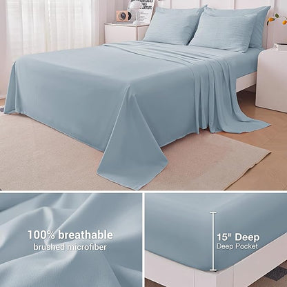 Queen Comforter Set Blue, 8 Piece Bed in a Bag Queen for All Season, Woven Texture Bedding Comforter Set with Sheets and Pillows, Soft Lightweight Queen Comforter Bed Set, Light Heaven Blue - LeafyLoom