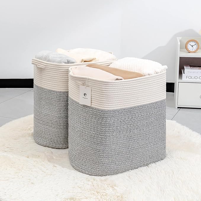 Large Cotton Tall Rectangle Small Laundry hamper Dog Toy Storage Baskets Woven Basket Bins Foldable Medium With Handle Toys and Fabric Storing Storage Silver Gray 2 Pack - LeafyLoom