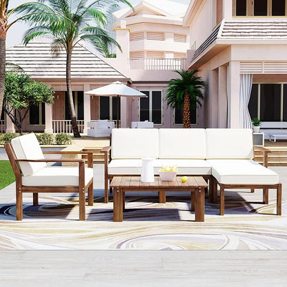 Outdoor Patio Furniture Set with Acacia Wood L-shaped Sectional Sofa, Armchair and A Small Table, 4-Piece for Gardens Backyards Balconies, Onesize, Beige Cushions - LeafyLoom