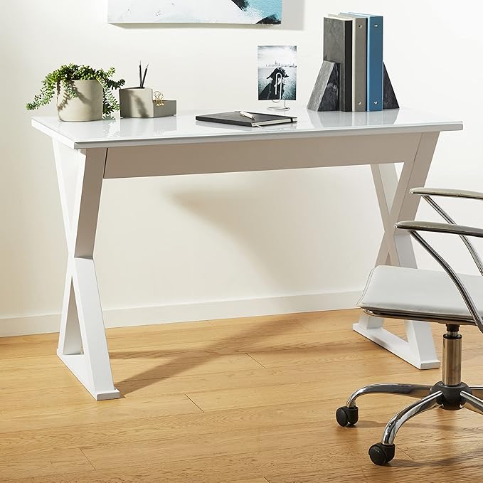 Walker Edison Lawrence Urban Industrial X Leg Glass Top Computer Desk, 48 Inch, White - LeafyLoom