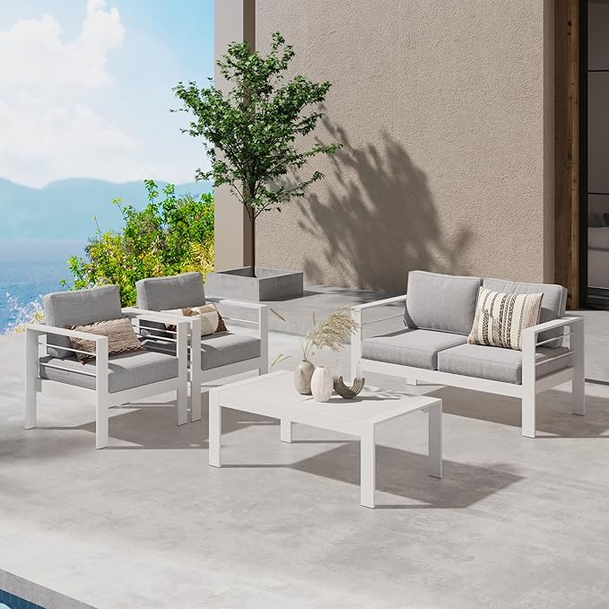 Wisteria Lane Outdoor Patio Furniture Set, 4 Pieces Aluminum Sectional Sofa, Metal Patio Conversation Set with Loveseat, 5 Inch Light Grey Cushion and Coffee Table (White & Light Grey) - LeafyLoom