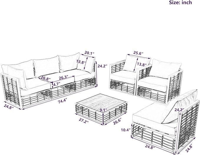 7-Piece Rattan Woven Outdoor Patio Furniture Set, All-Weather Sectional Sofa with Removable Cushions&Coffee Table, Minimalist Style Garden Couch Seating, Onesize, White Frame+Ivory Cushion - LeafyLoom