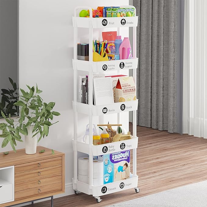 5-Tier Storage Cart,Multifunction Utility Rolling Cart Kitchen Storage Organizer,Mobile Shelving Unit Cart with Lockable Wheels for Bathroom,Laundry,with Classified Stickers,White - LeafyLoom