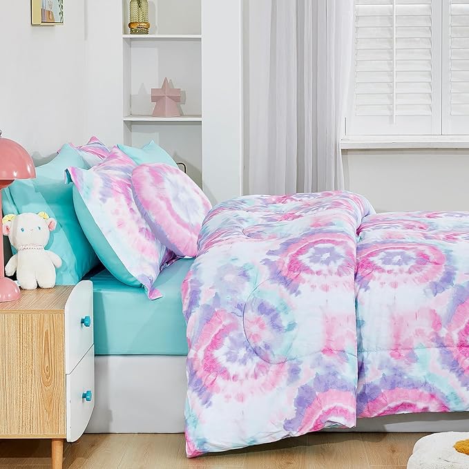 Mooreeke Tie Dye Kids Comforter Bed Set Full Size for s Girls, 8 Pieces Bed in a Bag with Shams, Sheet Set, A Toy Pillow Dark Pink Round Flower Full Soft Microfiber Kids Comforter Bedding Set - LeafyLoom