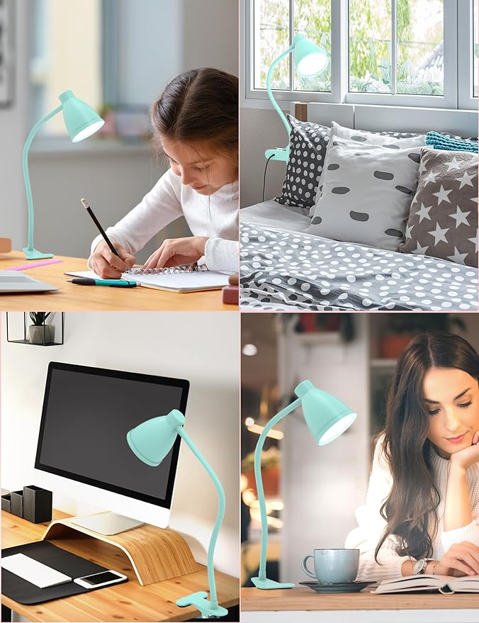 BOHON Desk Lamp with Clamp, 10W 38 LED Clip on Light, 3 Color 10 Brightness Auto Off Timer, Flexible Gooseneck Clip Lamp, Desk Lights for Office Home Bed Bedside Reading, Adapter Include, Teal - LeafyLoom