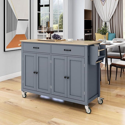 Solid Wood Top, Mobile Carts with Storage Cabinet, Rolling Kitchen Table w/Spice, Towel Rack, and Drawer, Portable Islands on Wheels, Gray, 54.33 Inch - LeafyLoom