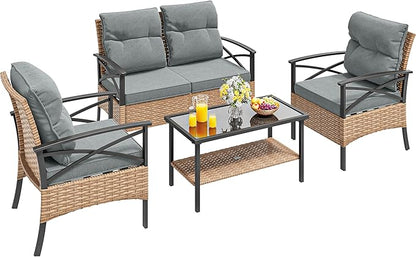 YITAHOME 4-Piece Patio Furniture Wicker Outdoor Bistro Set, All-Weather Rattan Conversation Loveseat Chairs for Backyard, Balcony and Deck with Soft Cushions and Metal Table (Light Brown+Gray) - LeafyLoom