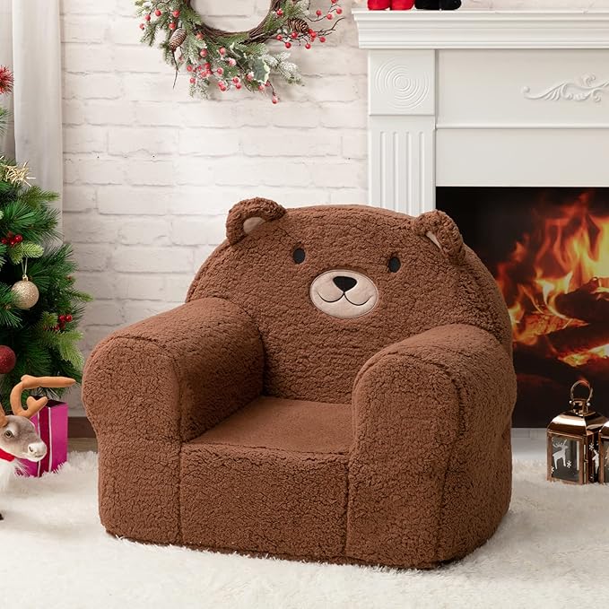 ALIMORDEN Kids Ultra-Soft Snuggle Foam Filled Chair, Toddler Cuddly Sherpa Sofa for Boys and Girls, Large Size Chair Better Support More Comfortable Experience, Caramel Bear - LeafyLoom