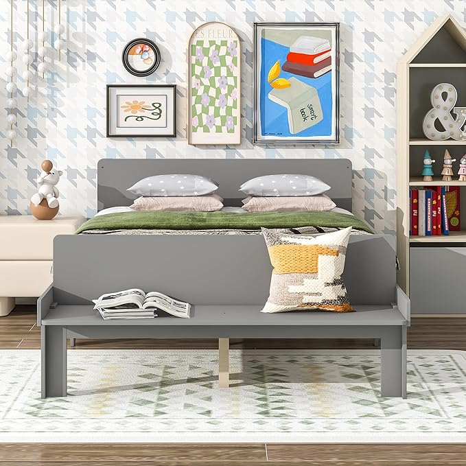 Full Bed with Footboard Bench, Full Kid Bed with Headboard, Wood Slat Support, Cute Kid Bed Frame with Book Storage Space, Full Car Bed for Boys Girls Bedroom, No Box Spring Needed, Grey - LeafyLoom