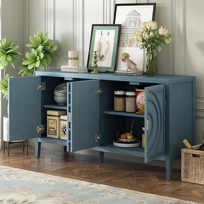 Retro Sideboard with Circular Groove Design Round Metal Door Handle,Wooden Buffet Cabinet,W/Adjustable Shelves & Open Countertop,for Entrance Living Dinning Room,Antique Blue, 60" - LeafyLoom