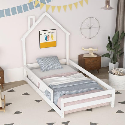 Bellemave Twin Size House-Shaped Headboard Floor Bed with Fences, Wooden Montessori Bed for Kids,House Bed Twin Frame for Girls,Boys (White) - LeafyLoom