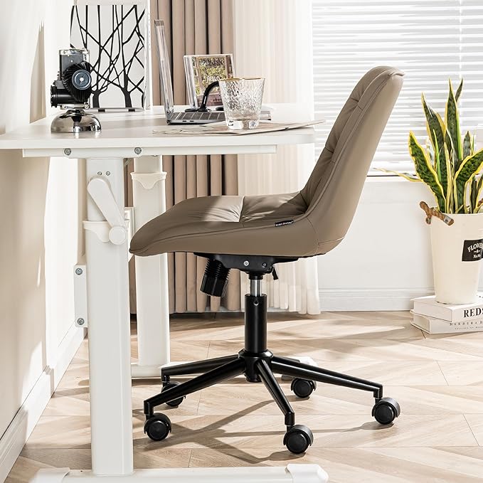 Kidol & Shellder Armless Office Chair Desk Chair Comfy Makeup Vanity Chair with Back Ergonomic Swivel Chair Home Office Desk Chairs with Wheels Rolling Computer Chair Bedroom Accent Chair(Khaki) - LeafyLoom