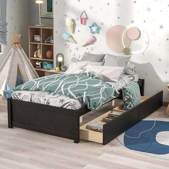 Twin Bed with 2 Storage Drawers, Solid Pinewood Twin Size Bed Frame,for Boys/Girls/Teens Bedroom, Easy to Assemble, No Box Spring Needed,Espresso - LeafyLoom