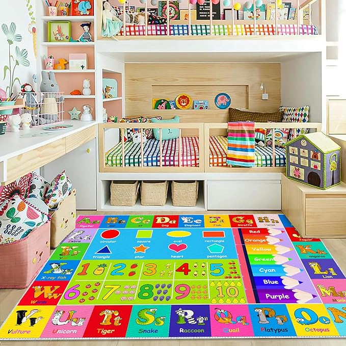 Kids Alphabet Play Game Rug - 5' 3" x8' ABC Numbers and Shapes Educational Learning Toddler Carpet - Kids Room Playroom Classroom Kindergarten Activity Fun Soft Non-Slip Mat - LeafyLoom