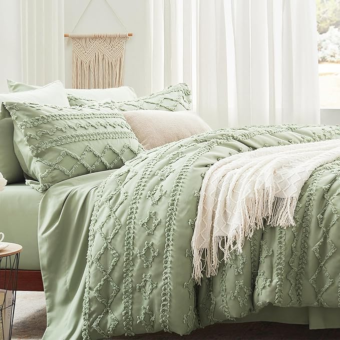 Anluoer Twin Comforter Set 5 Pieces, Sage Green Tufted Bed in a Bag with comforters and sheets, All Season Bedding Sets with 1 Comforter, 1 PillowShams, 1 Pillowcases, 1 Flat Sheet, 1 Fitted Sheet - LeafyLoom