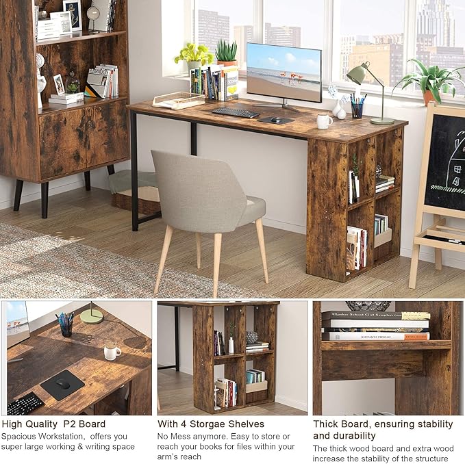 Homfio 47.2'' Computer Desk with Storage Shelves, Modern Home Office Desk Computer Table with Cabinets, Student Studying Writing Desk Wood Desk Workstation for Home Office, Rustic Brown - LeafyLoom