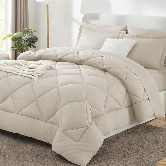 CozyLux Queen Bed in a Bag 7-Pieces Comforter Sets with Comforter and Sheets Beige All Season Bedding Sets with Comforter, Pillow Shams, Flat Sheet, Fitted Sheet and Pillowcases - LeafyLoom