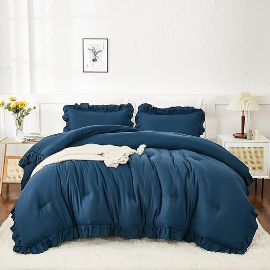 Andency Navy Blue Comforter Twin Size, 2 Pieces Kids Bed Comforter Set, Solid Ruffle Shabby Chic Farmhouse Comforter, Lightweight Soft Down Alternative Microfiber Bedding Set - LeafyLoom