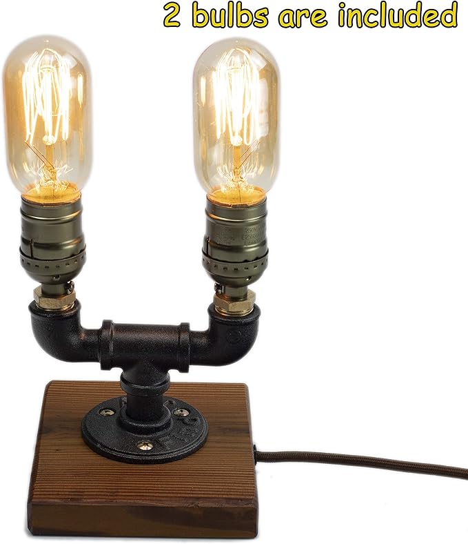 Steampunk Lamp with Dimmer, Dimmable Loft Style Industrial Vintage Antique Style Light with 2 Bulbs, Wood Base with Iron Piping Desk Lamp, Retro Desk Lamp LL-027 - LeafyLoom