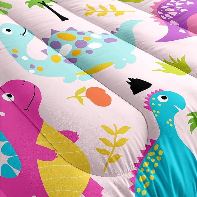 Dinosaur Twin Bedding Set, Cartoon Dinosaur Comforter Set Twin Girl Bedding Set for Girls Room Soft Breathable Dino Quilt Kids Bedding Set for All Season, 1 Comforter 1 Pillowcase - LeafyLoom