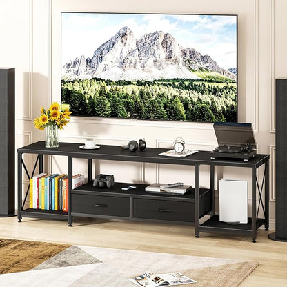 TV Stand with Fabric Drawers for 65 70 75 Inches TV - Entertainment Center and Industrial TV Console Table with Open Storage Shelves for Living Room, Bedroom - 63.5" Black - LeafyLoom