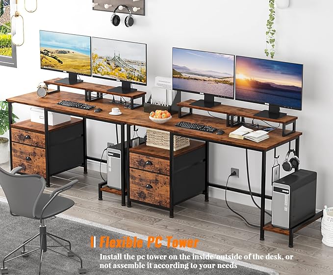 Furologee Computer Desk with Drawer and Power Outlets, 47" Office Desk with 2 Monitor Stands and Fabric File Cabinet, Writing Gaming Table with Shelves and 2 Hooks for Home Office, Rustic Brown - LeafyLoom