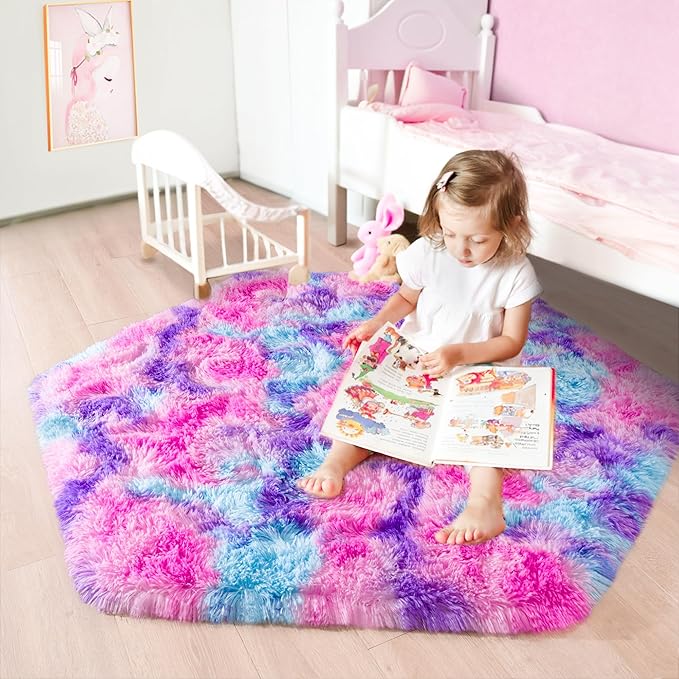 junovo Ultra Soft Hexagon Rug Fluffy Rainbow Nursery Rug for Princess Tent Kids Play Castle, Furry Hexagonal Carpet for Kids Girls Room Playhouse Classroom Dorm Home Decor, 4.6ft Tie-Dye Hot-Pink - LeafyLoom