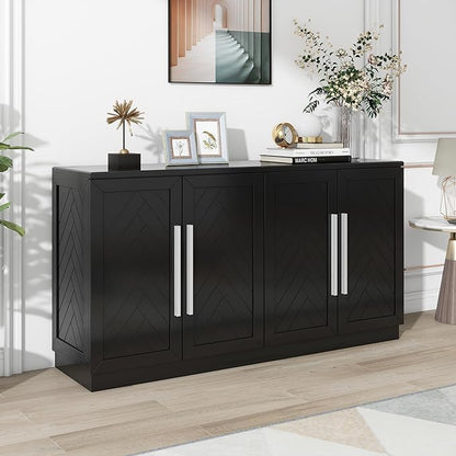 Wooden Sideboard with 4 Doors Large Storage Space,Buffet Cabinet,W/Adjustable Shelves and Silver Handles,Wear-Resistant Performance,for Kitchen,Dining Room,Hallway,Black, 60" - LeafyLoom