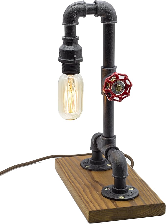 Loft Style Lamp with Dimmer, Dimmable Steampunk Industrial Vintage Antique Light, Wood Base with Iron Piping Desk Lamp, Y-Nut “Zhang Fei” Retro Desk Lamp LL-021 - LeafyLoom