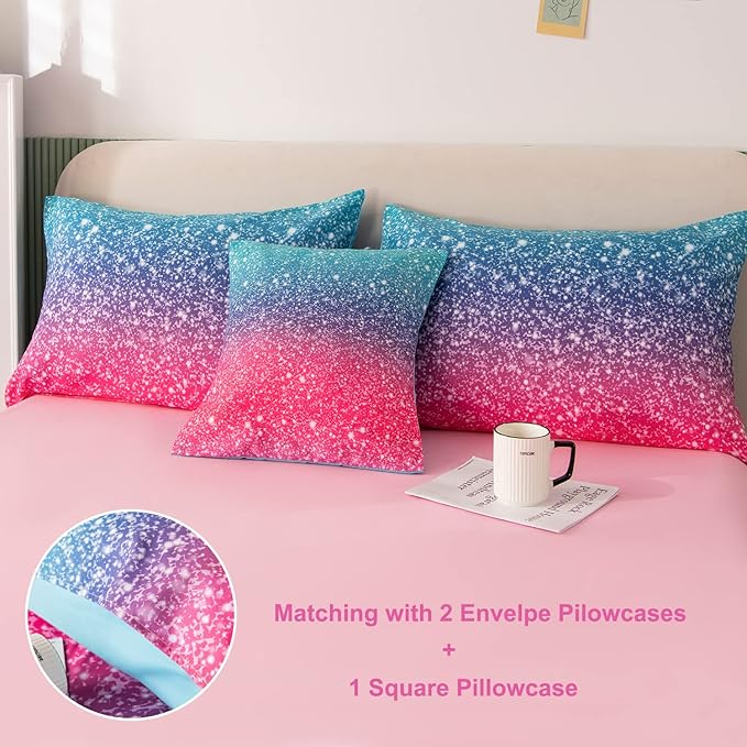 PERFEMET 6Pcs Pink Full Size Comforter Sets for Girls Colorful Rainbow Glitter Kids Bedding Set Sparkly Pastel Ombre Teen Girl Bed in A Bag Comforter Set with Sheets (Pink Blue, Full) - LeafyLoom