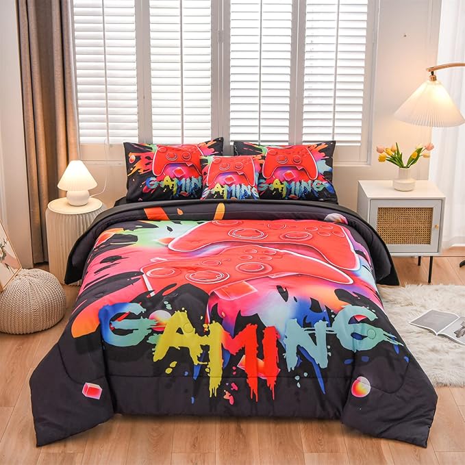 Aimuan Gaming Comforter Sets for Boys Kids Bedding Sets Video Games Console Action Buttons Novelty Colorful Game Gamepad Controller Modern Gamer Room Decor Home Quilt Set (Queen 6 Pcs,Black) - LeafyLoom